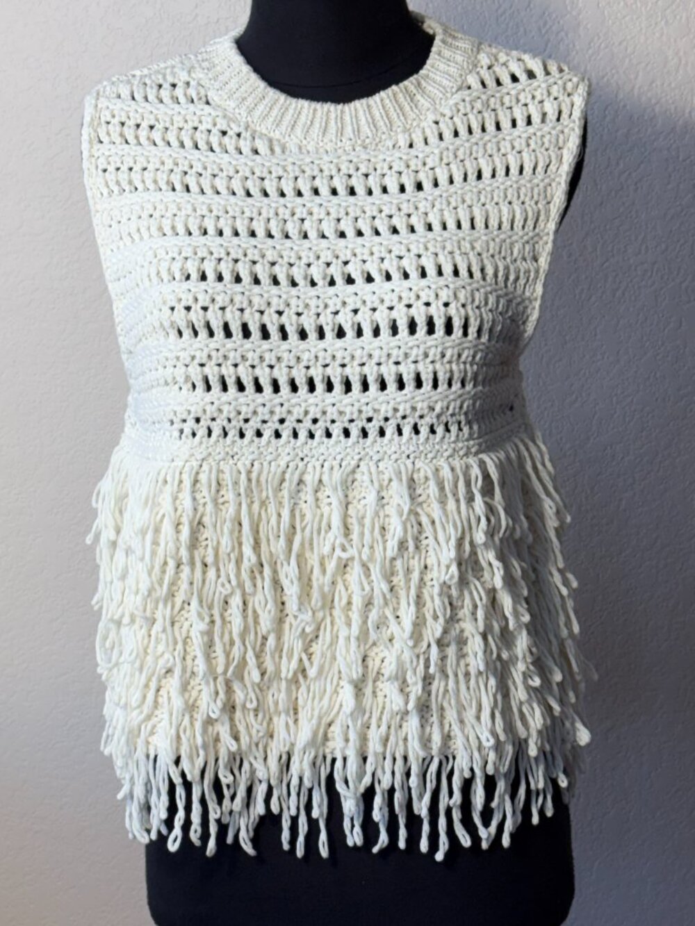 Zara Cream Crochet Fringe Sweater Vest S Bohemian Statement Top